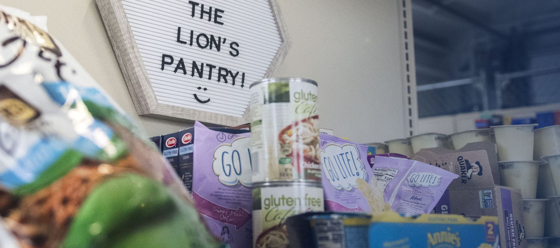Food on shelves of Lion’s Pantry.